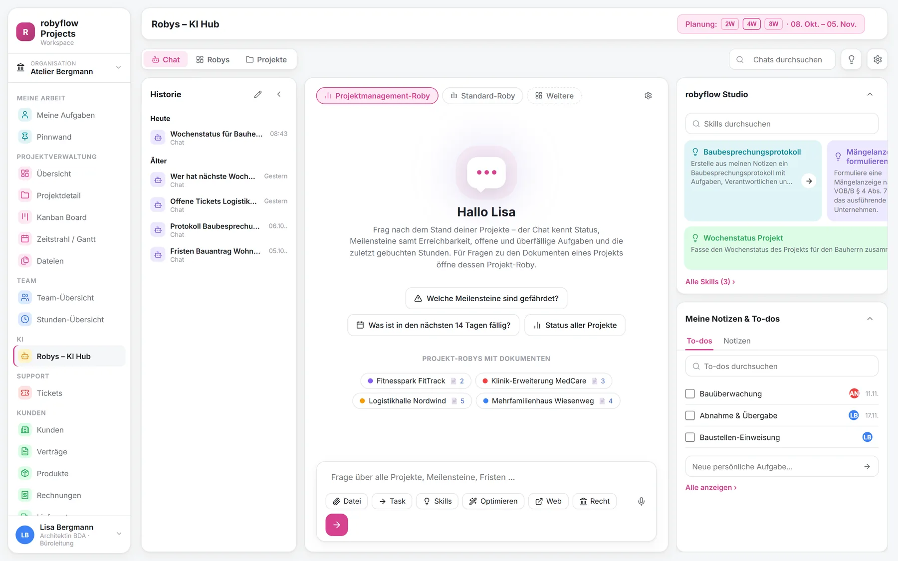 Startseite des Chats mit Projektmanagement-Roby, Vorschlagsfragen, Historie, Skills und persönlichen To-dos